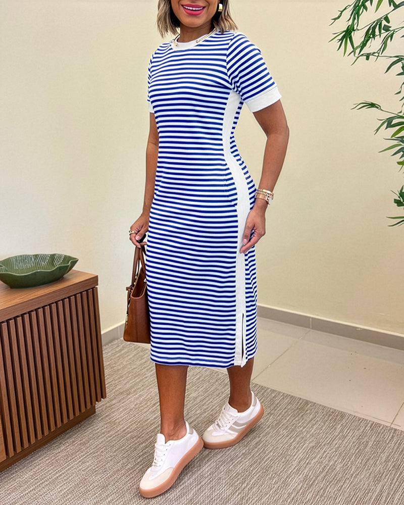 Femme Robe Midi à Rayures Manches Courtes Col Rond avec Poches et Fente Latérale