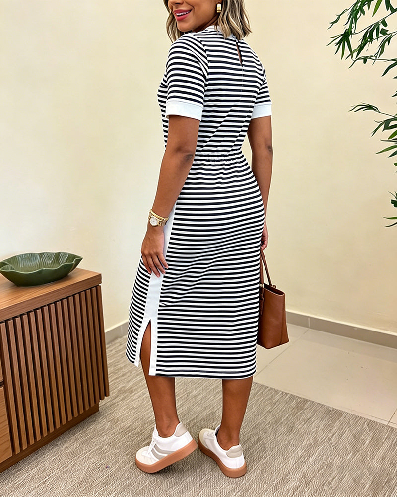 Femme Robe Midi à Rayures Manches Courtes Col Rond avec Poches et Fente Latérale