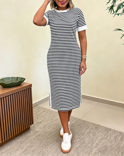 Femme Robe Midi à Rayures Manches Courtes Col Rond avec Poches et Fente Latérale