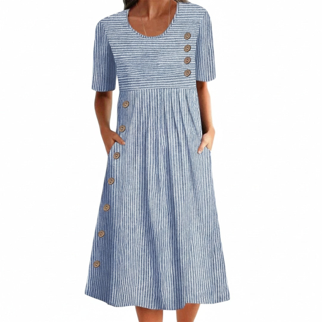 Femme Robe Midi à Rayures Manches Courtes col Rond et Boutons avec Poches