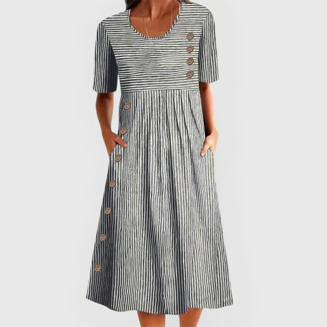 Femme Robe Midi à Rayures Manches Courtes col Rond et Boutons avec Poches