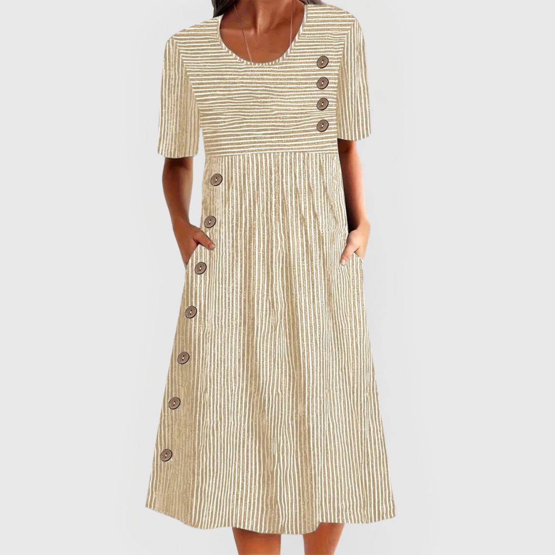 Femme Robe Midi à Rayures Manches Courtes col Rond et Boutons avec Poches