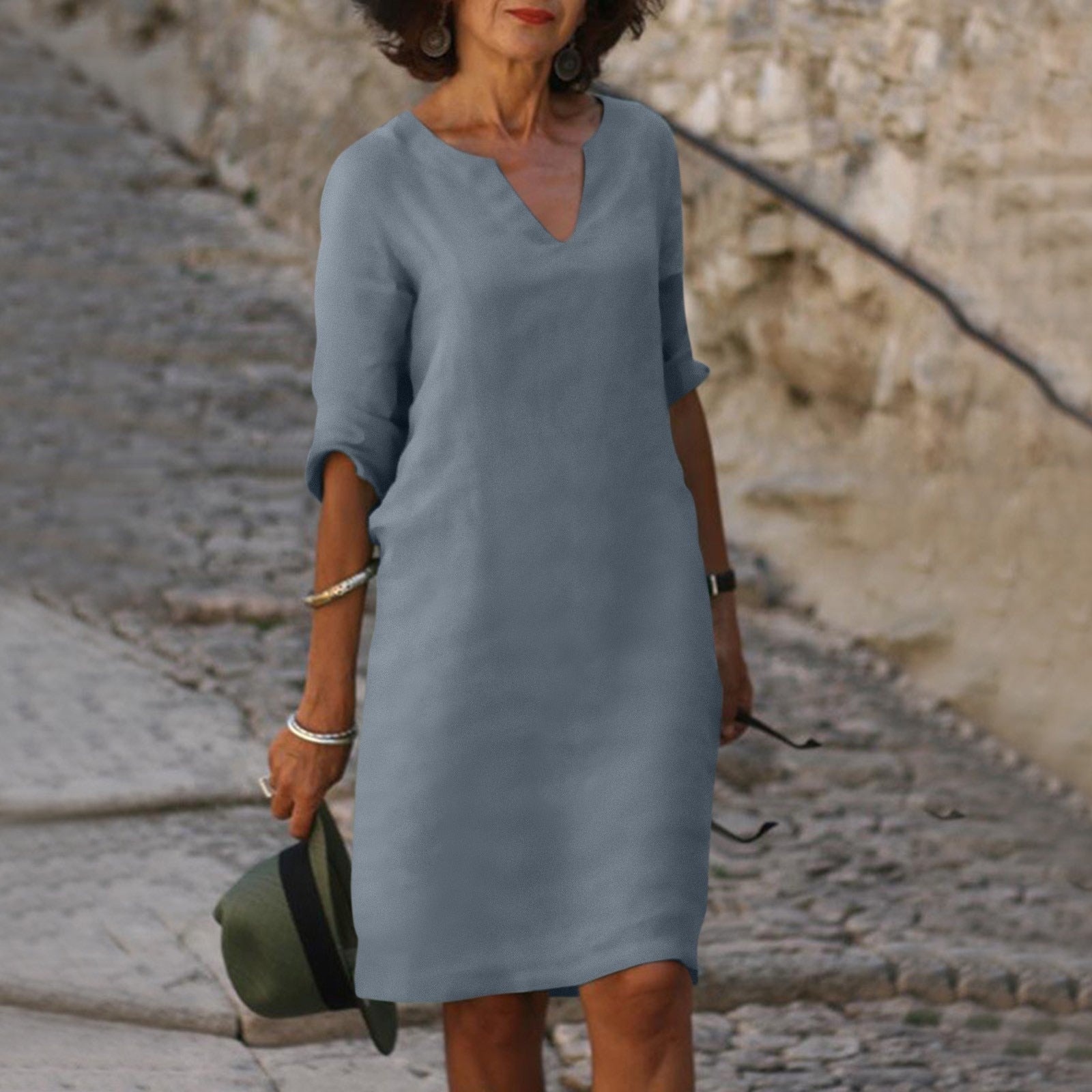Femme Robe Midi Ample à Col en V et Manches Trois-Quarts