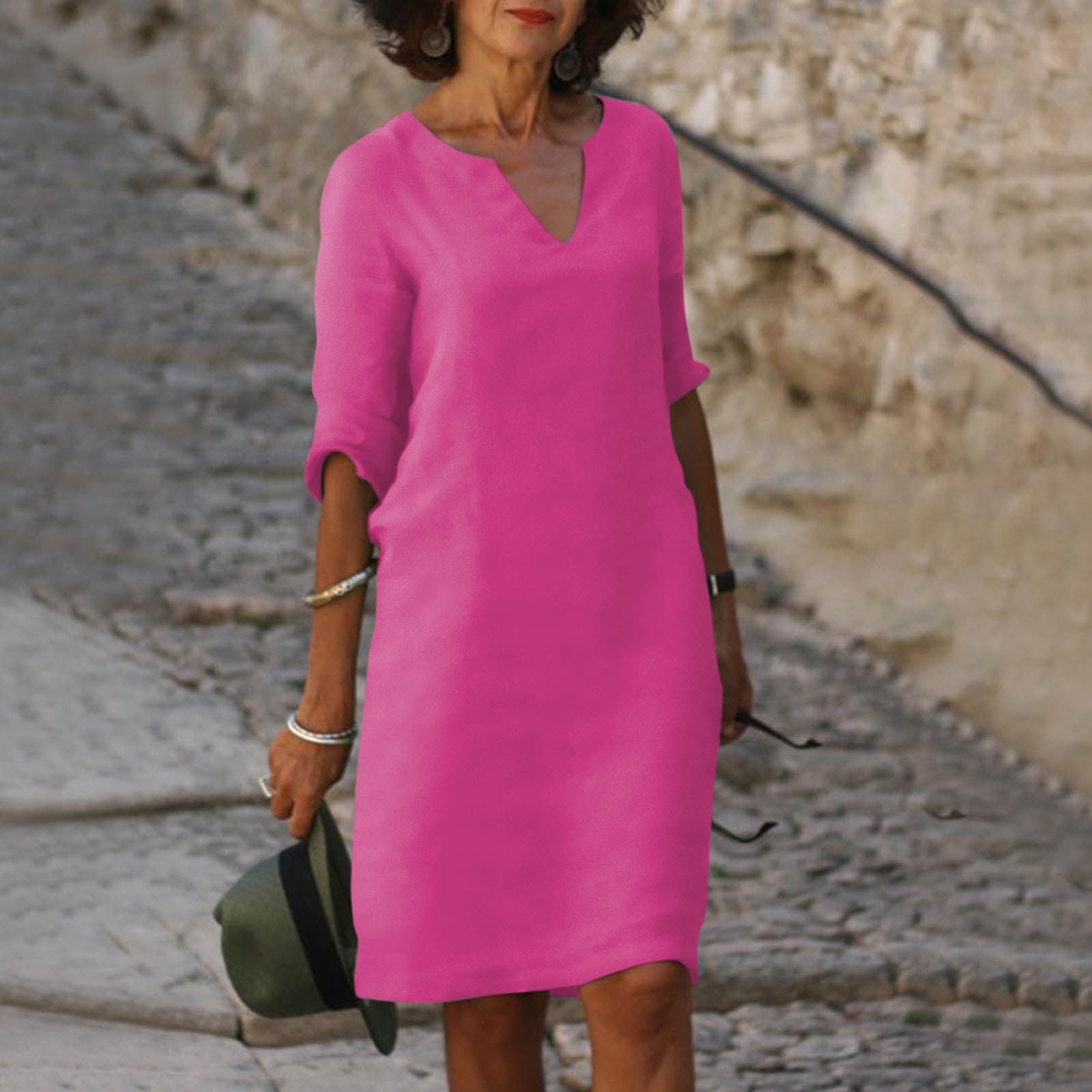 Femme Robe Midi Ample à Col en V et Manches Trois-Quarts