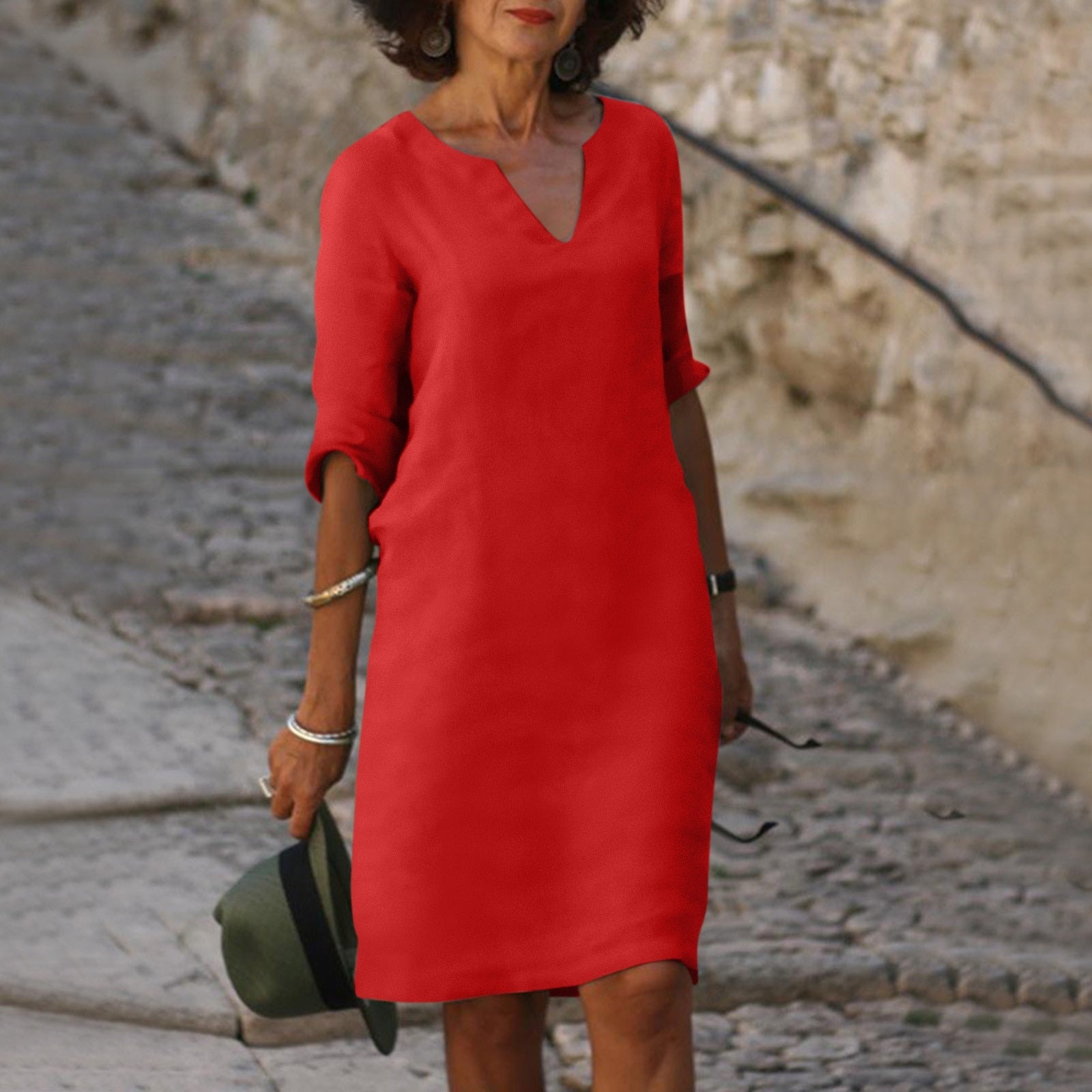 Femme Robe Midi Ample à Col en V et Manches Trois-Quarts