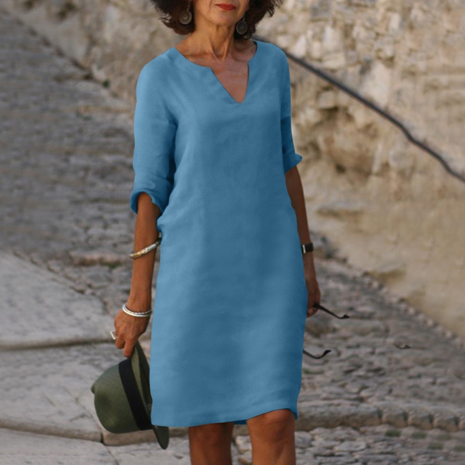 Femme Robe Midi Ample à Col en V et Manches Trois-Quarts