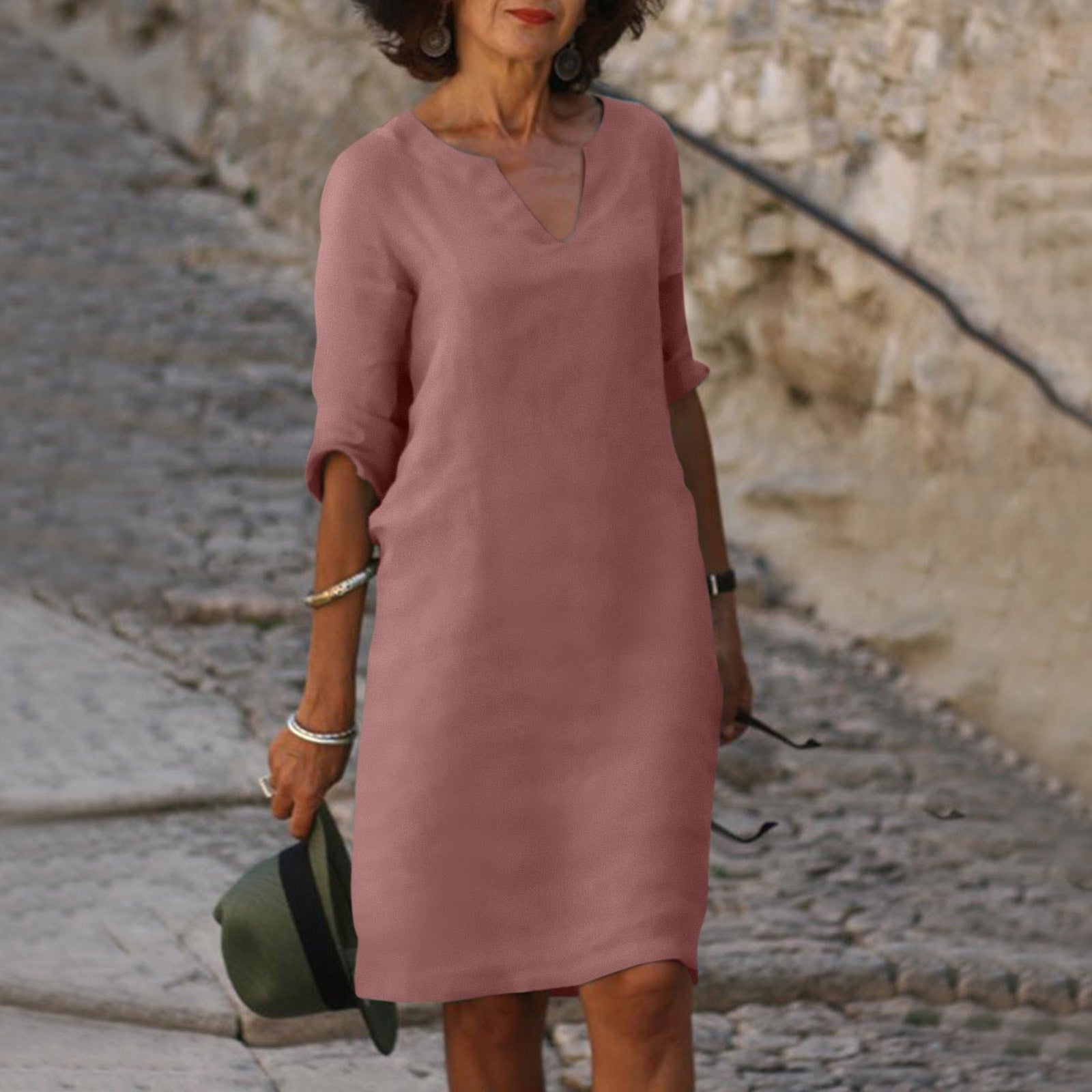 Femme Robe Midi Ample à Col en V et Manches Trois-Quarts