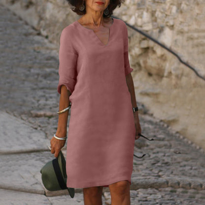 Femme Robe Midi Ample à Col en V et Manches Trois-Quarts