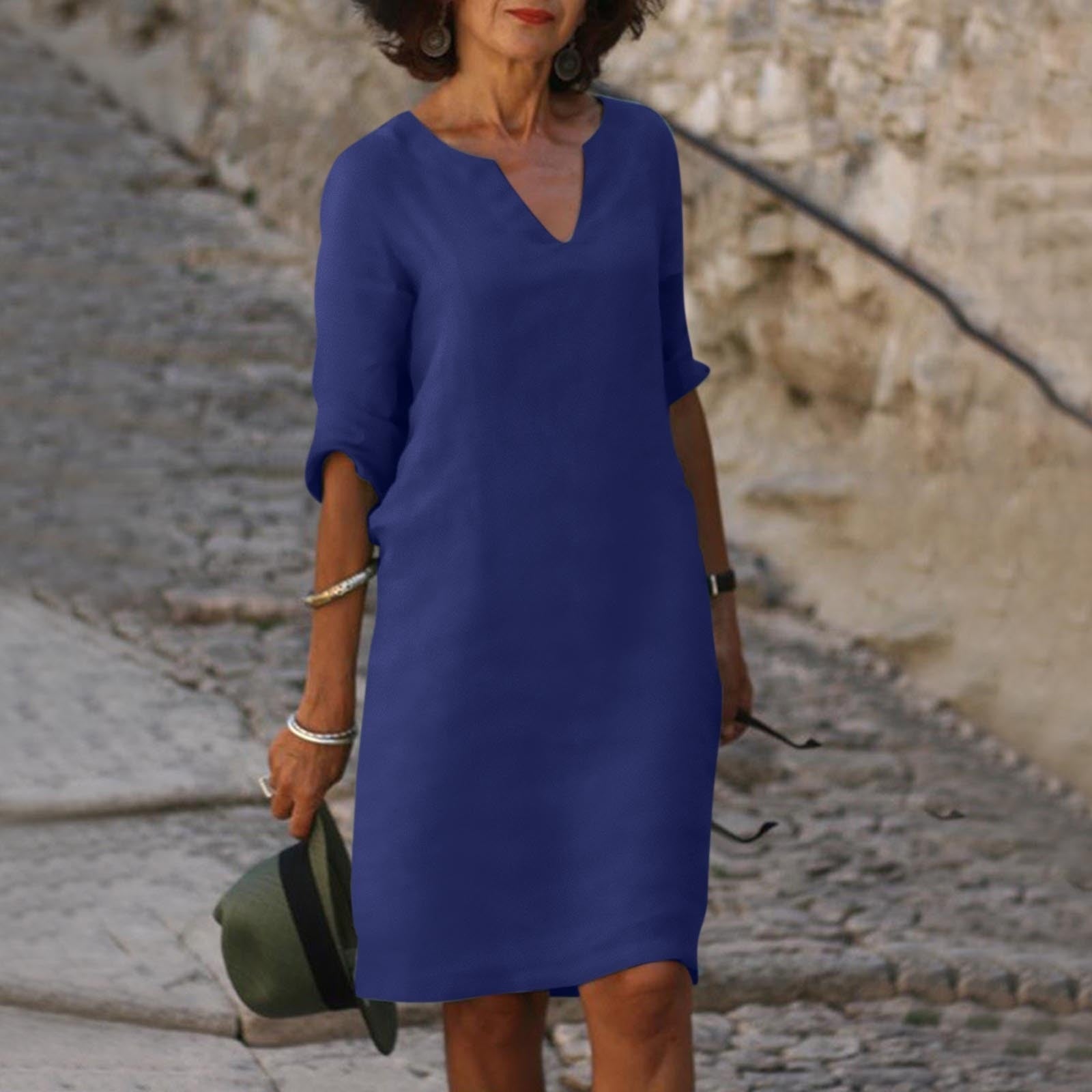 Femme Robe Midi Ample à Col en V et Manches Trois-Quarts