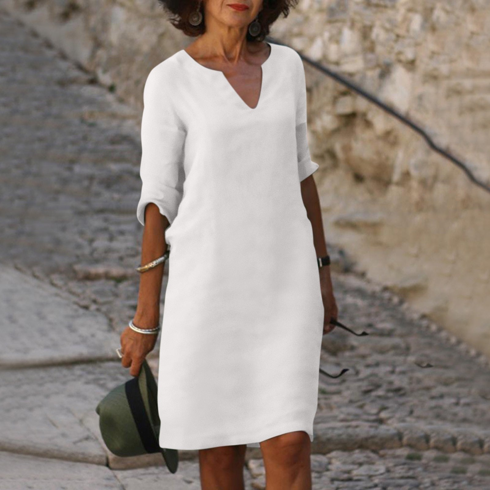Femme Robe Midi Ample à Col en V et Manches Trois-Quarts
