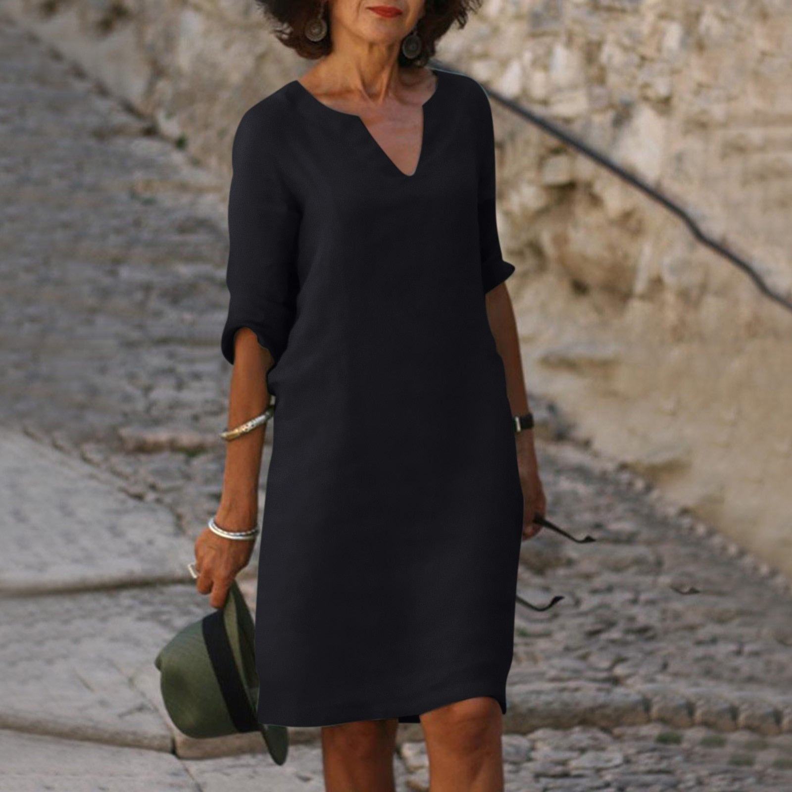 Femme Robe Midi Ample à Col en V et Manches Trois-Quarts