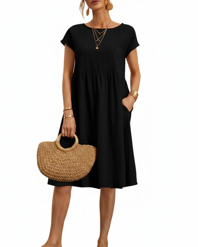 Femme Robe Midi Ample à Col Rond et Manches Courtes avec Poches