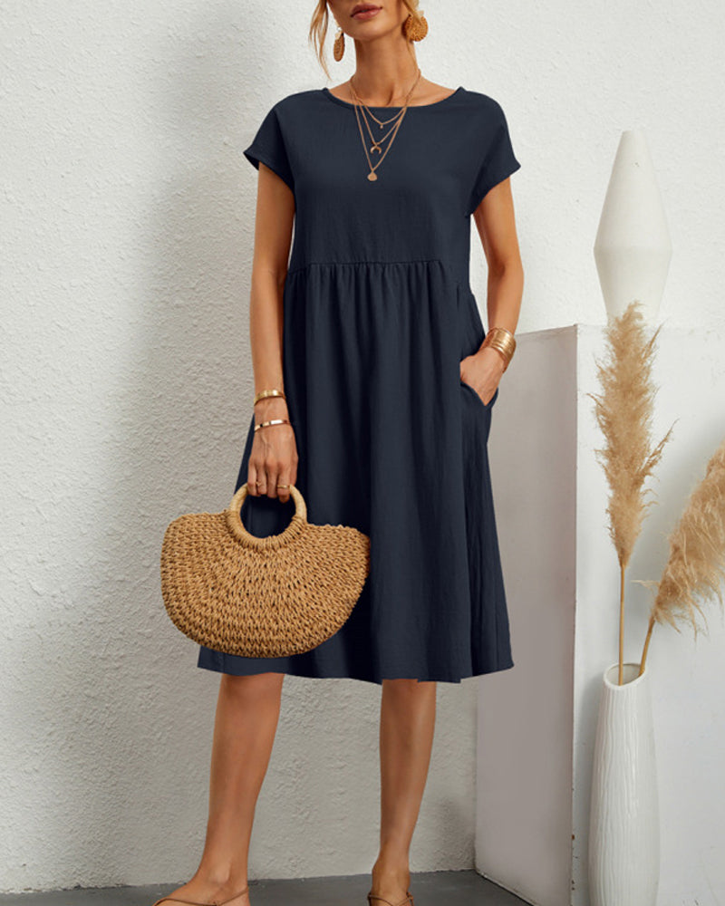 Femme Robe Midi Ample à Col Rond et Manches Courtes avec Poches