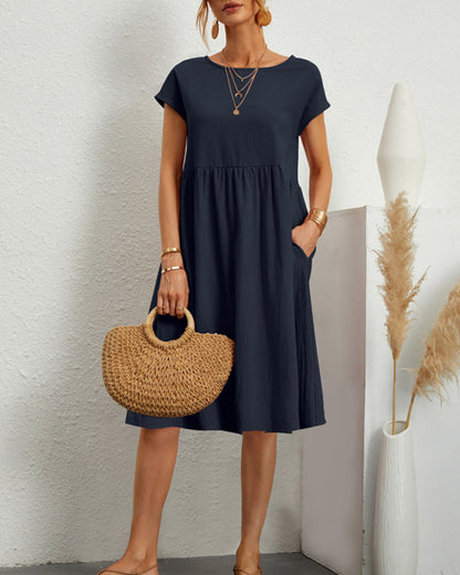 Femme Robe Midi Ample à Col Rond et Manches Courtes avec Poches