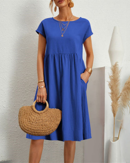 Femme Robe Midi Ample à Col Rond et Manches Courtes avec Poches