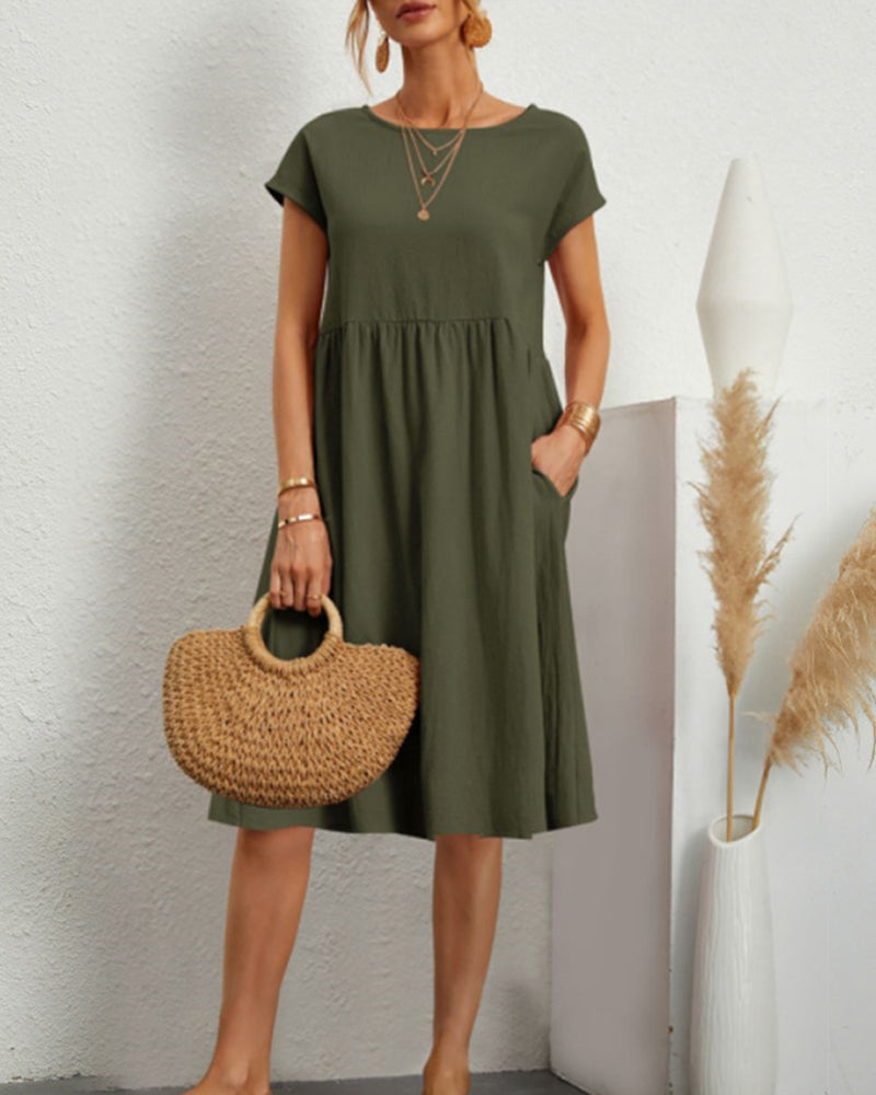 Femme Robe Midi Ample à Col Rond et Manches Courtes avec Poches