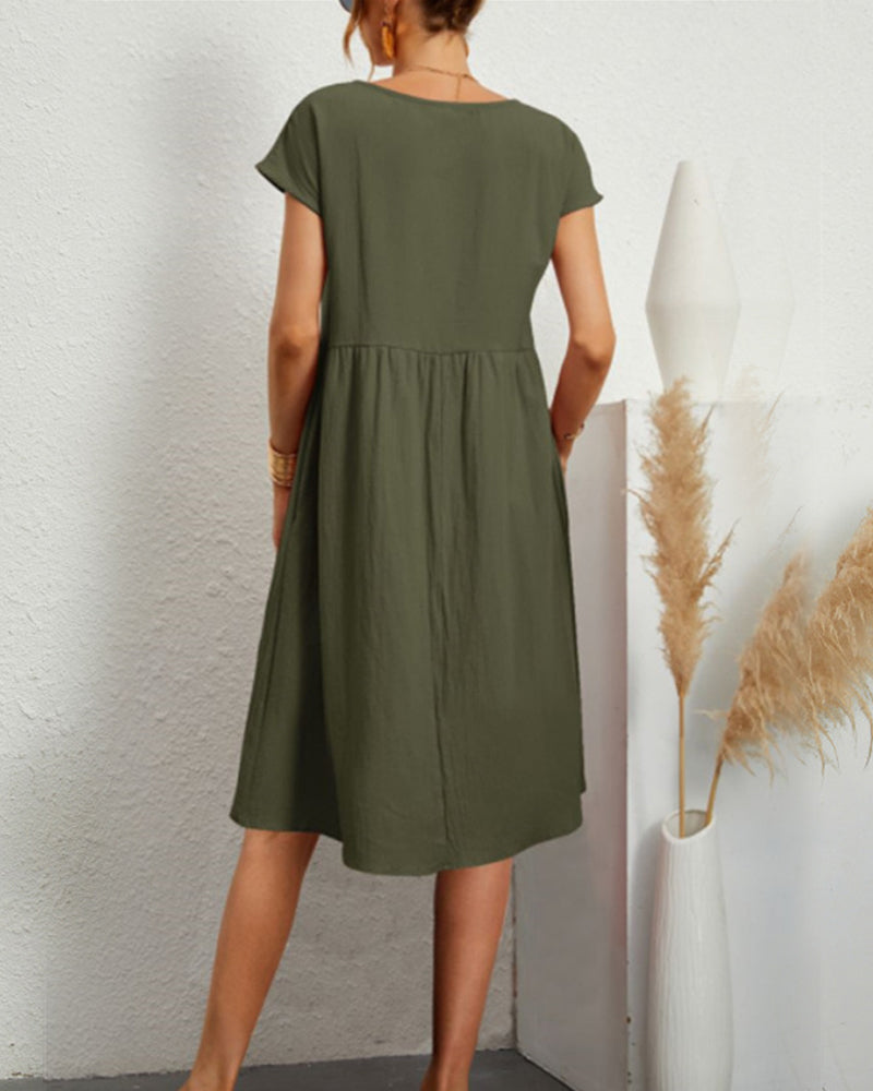 Femme Robe Midi Ample à Col Rond et Manches Courtes avec Poches
