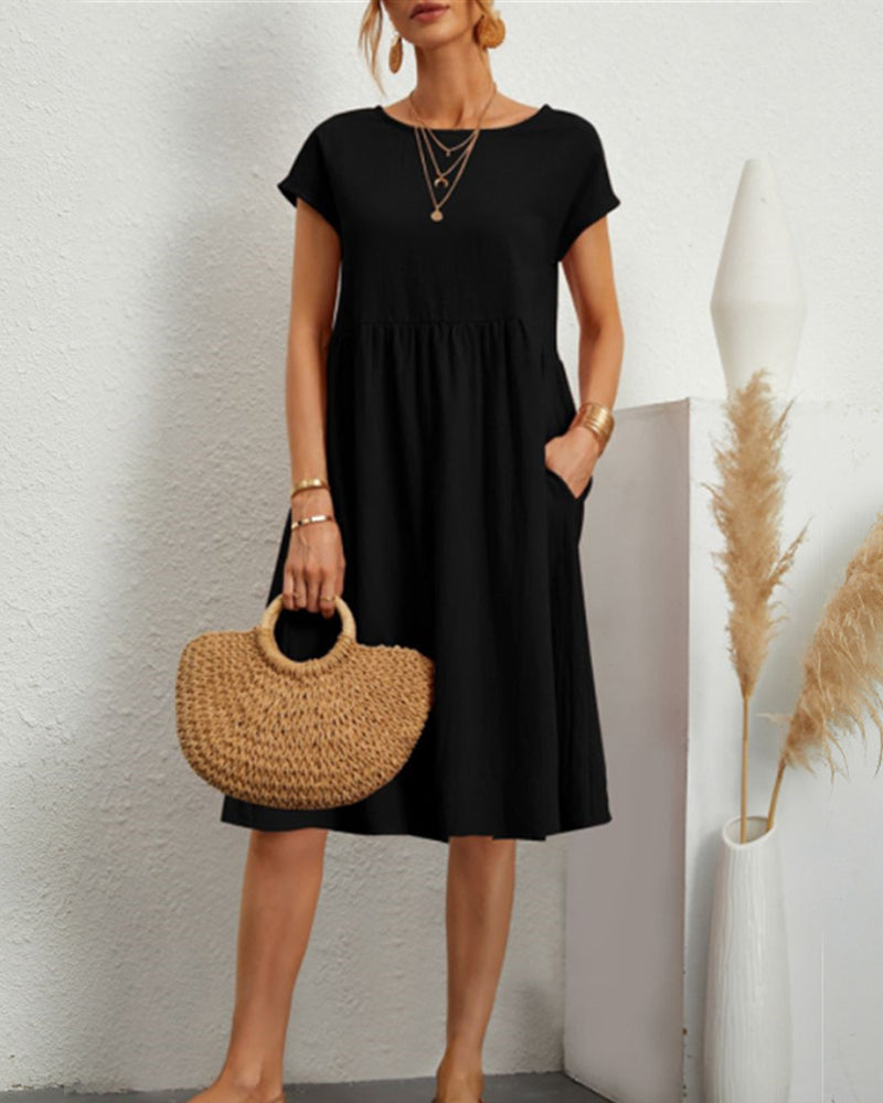 Femme Robe Midi Ample à Col Rond et Manches Courtes avec Poches