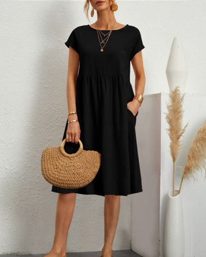Femme Robe Midi Ample à Col Rond et Manches Courtes avec Poches