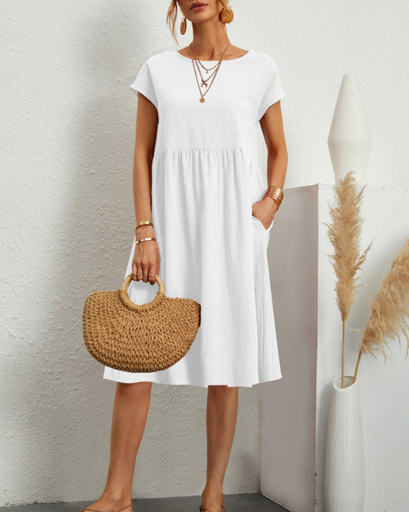 Femme Robe Midi Ample à Col Rond et Manches Courtes avec Poches