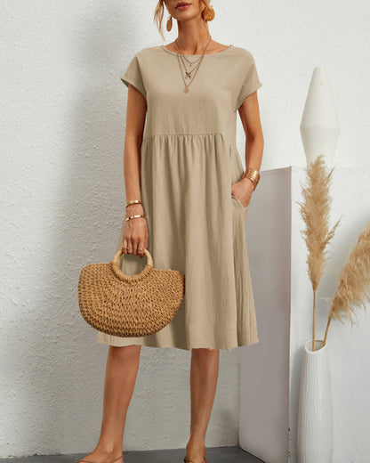 Femme Robe Midi Ample à Col Rond et Manches Courtes avec Poches