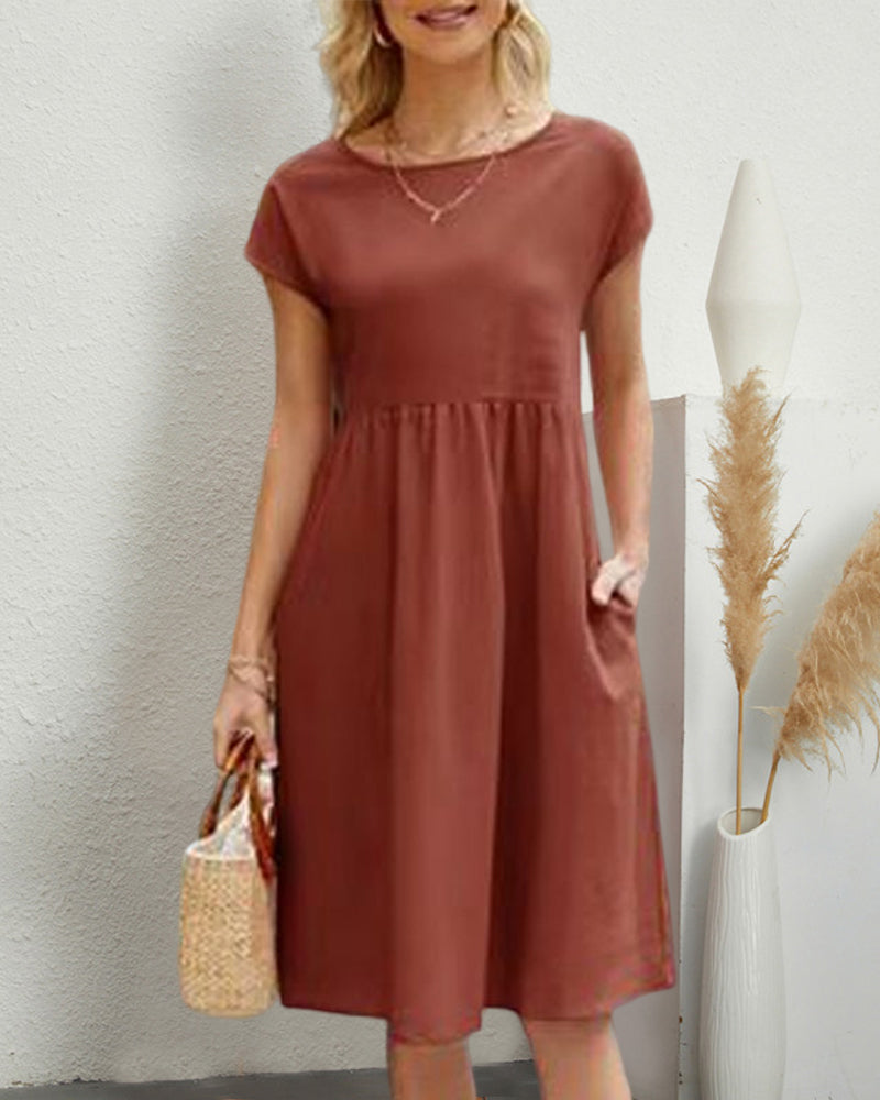 Femme Robe Midi Ample à Col Rond et Manches Courtes avec Poches
