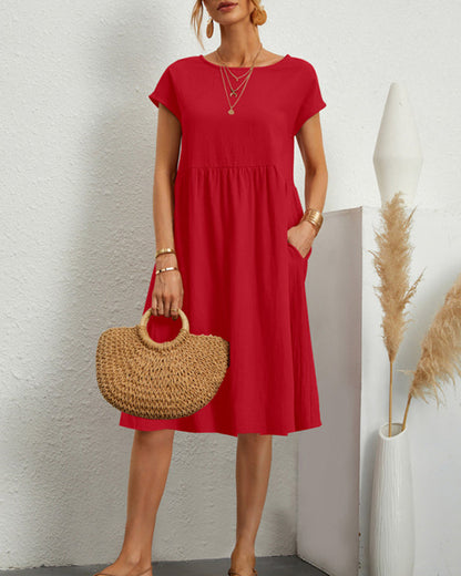 Femme Robe Midi Ample à Col Rond et Manches Courtes avec Poches