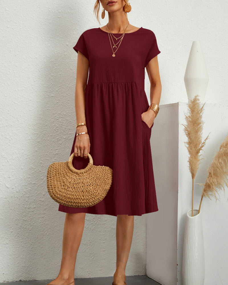 Femme Robe Midi Ample à Col Rond et Manches Courtes avec Poches