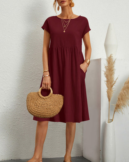 Femme Robe Midi Ample à Col Rond et Manches Courtes avec Poches