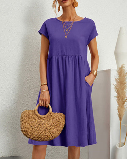 Femme Robe Midi Ample à Col Rond et Manches Courtes avec Poches