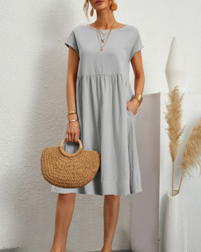 Femme Robe Midi Ample à Col Rond et Manches Courtes avec Poches