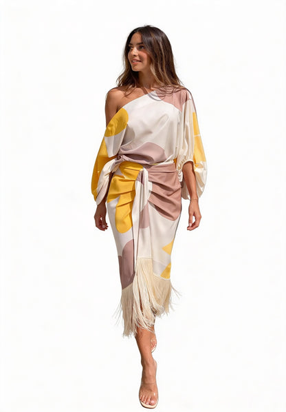 Femme Robe Midi Asymétrique à Une Épaule avec Franges et Ceinture