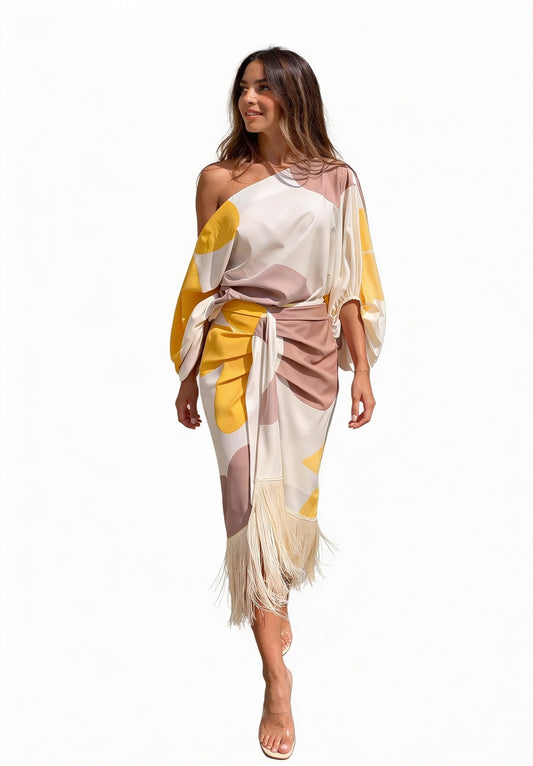 Femme Robe Midi Asymétrique à Une Épaule avec Franges et Ceinture