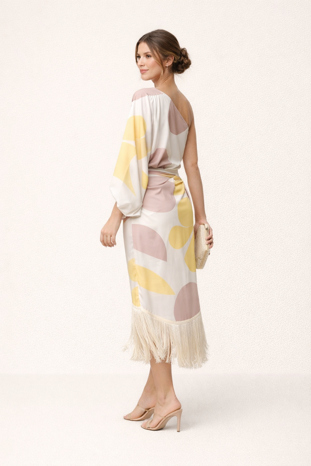 Femme Robe Midi Asymétrique à Une Épaule avec Franges et Ceinture