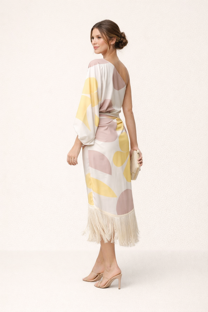 Femme Robe Midi Asymétrique à Une Épaule avec Franges et Ceinture