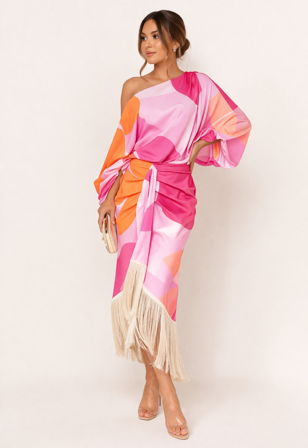 Femme Robe Midi Asymétrique à Une Épaule avec Franges et Ceinture