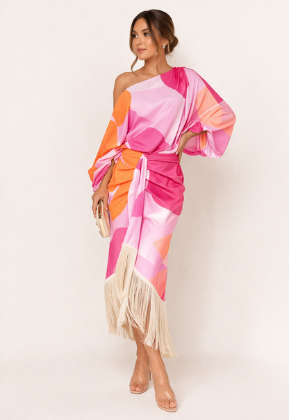 Femme Robe Midi Asymétrique à Une Épaule avec Franges et Ceinture