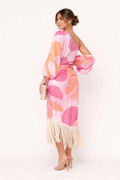 Femme Robe Midi Asymétrique à Une Épaule avec Franges et Ceinture