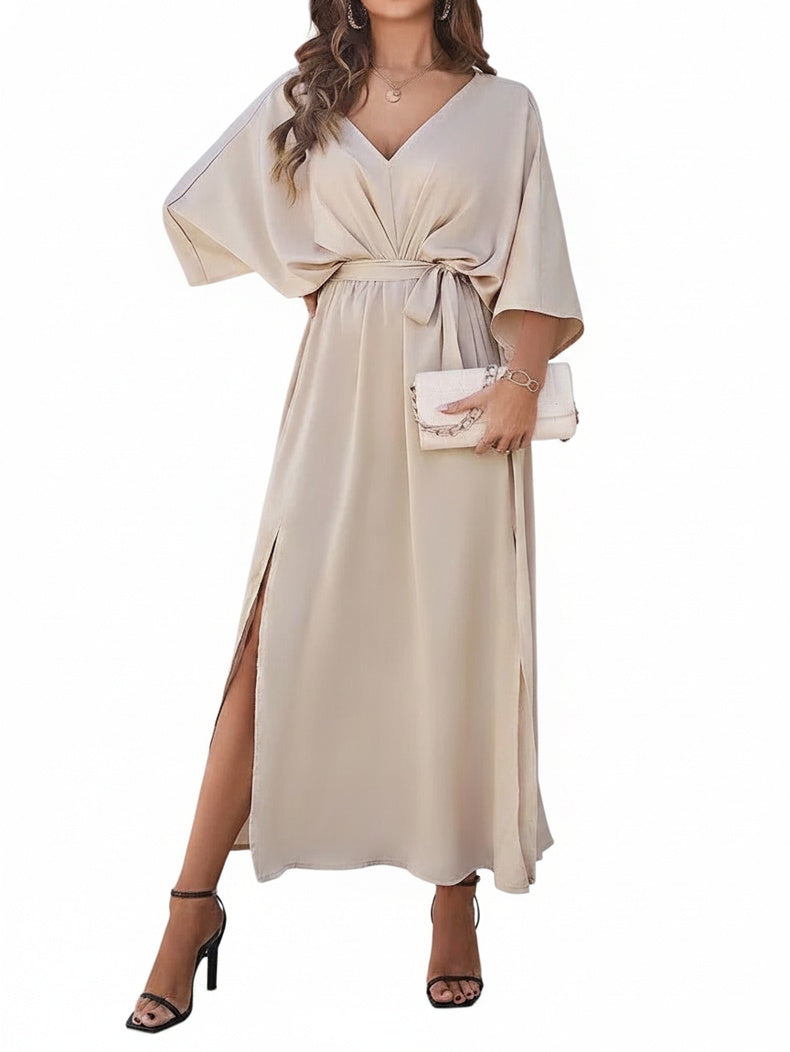 Femme Robe Midi avec Col en V, Manches Chauve-Souris et Fente Latérale