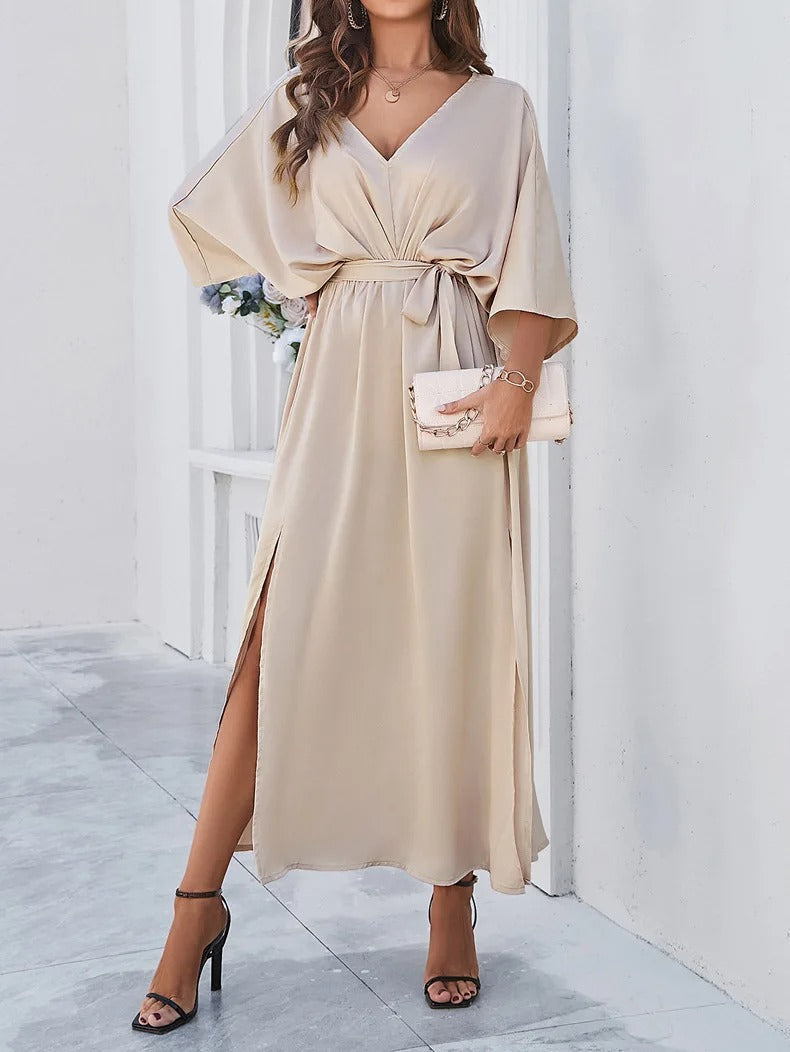 Femme Robe Midi avec Col en V, Manches Chauve-Souris et Fente Latérale
