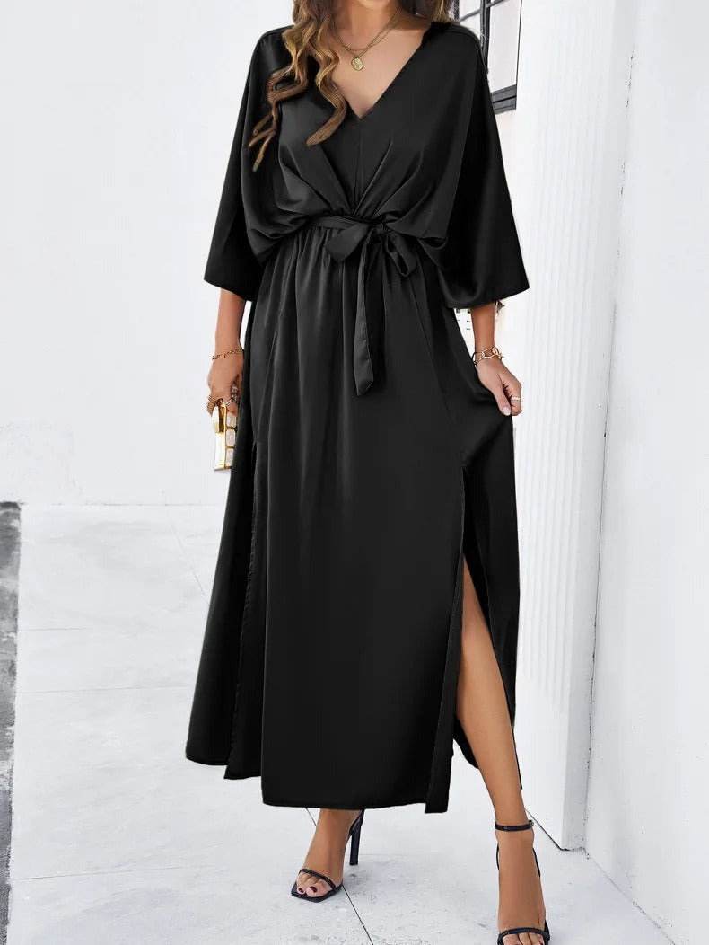 Femme Robe Midi avec Col en V, Manches Chauve-Souris et Fente Latérale