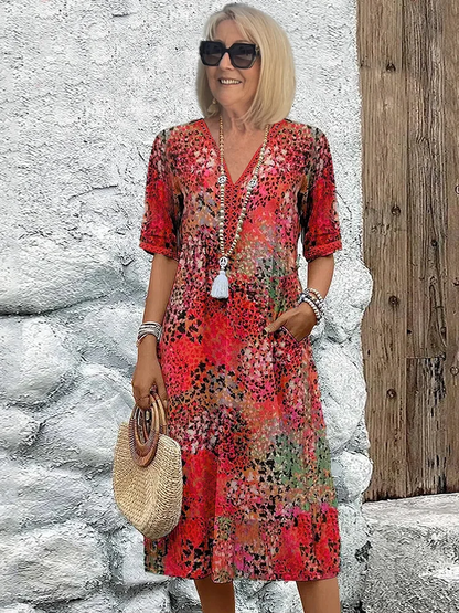 Femme Robe Midi Bohème à Col en V et Manches Courtes avec Poches