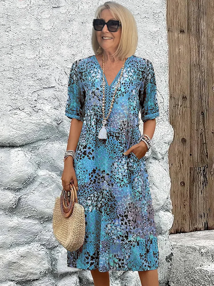 Femme Robe Midi Bohème à Col en V et Manches Courtes avec Poches