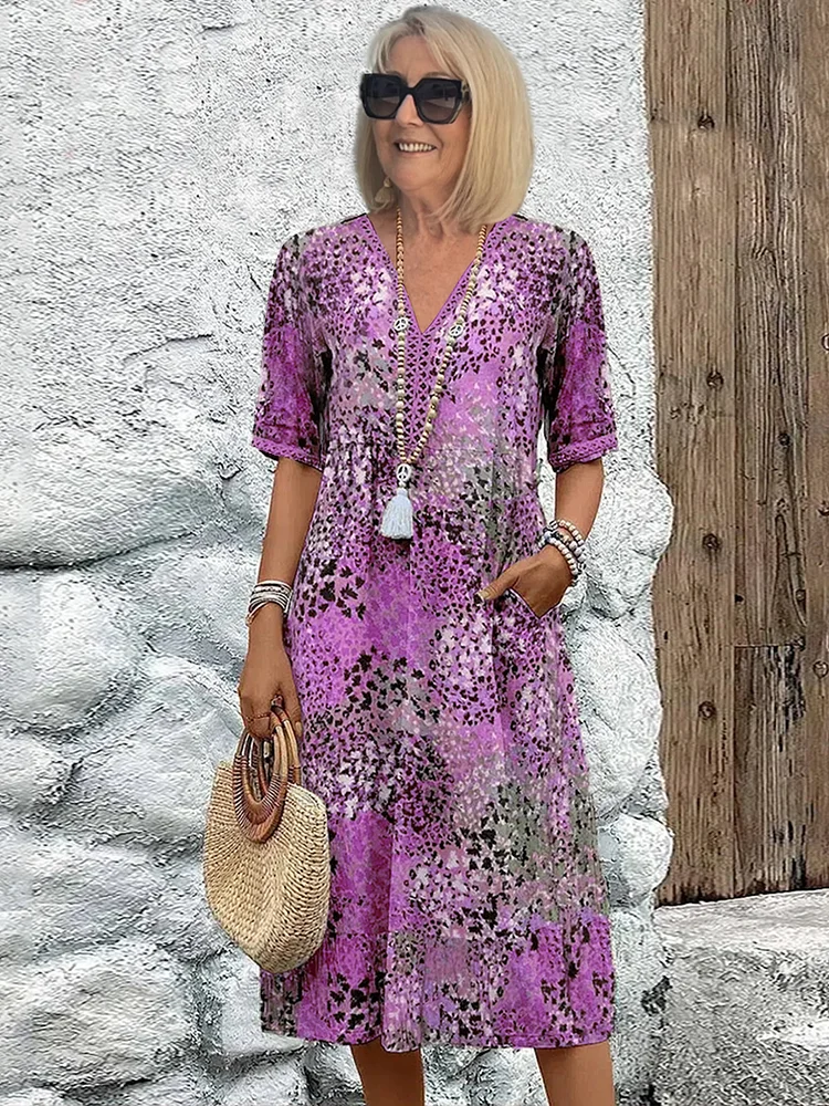 Femme Robe Midi Bohème à Col en V et Manches Courtes avec Poches