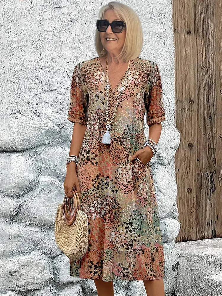 Femme Robe Midi Bohème à Col en V et Manches Courtes avec Poches