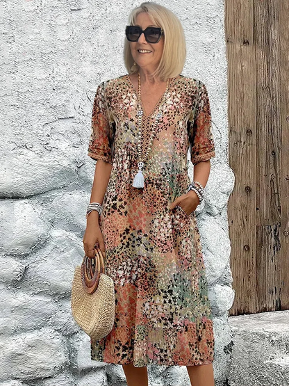 Femme Robe Midi Bohème à Col en V et Manches Courtes avec Poches