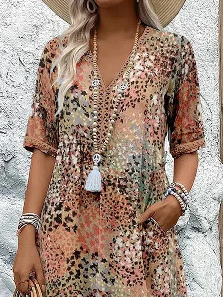 Femme Robe Midi Bohème à Col en V et Manches Courtes avec Poches