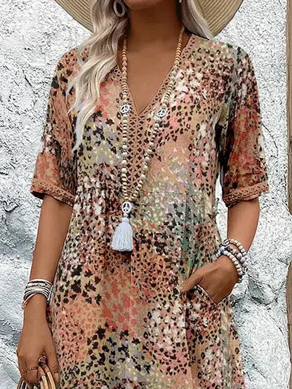 Femme Robe Midi Bohème à Col en V et Manches Courtes avec Poches