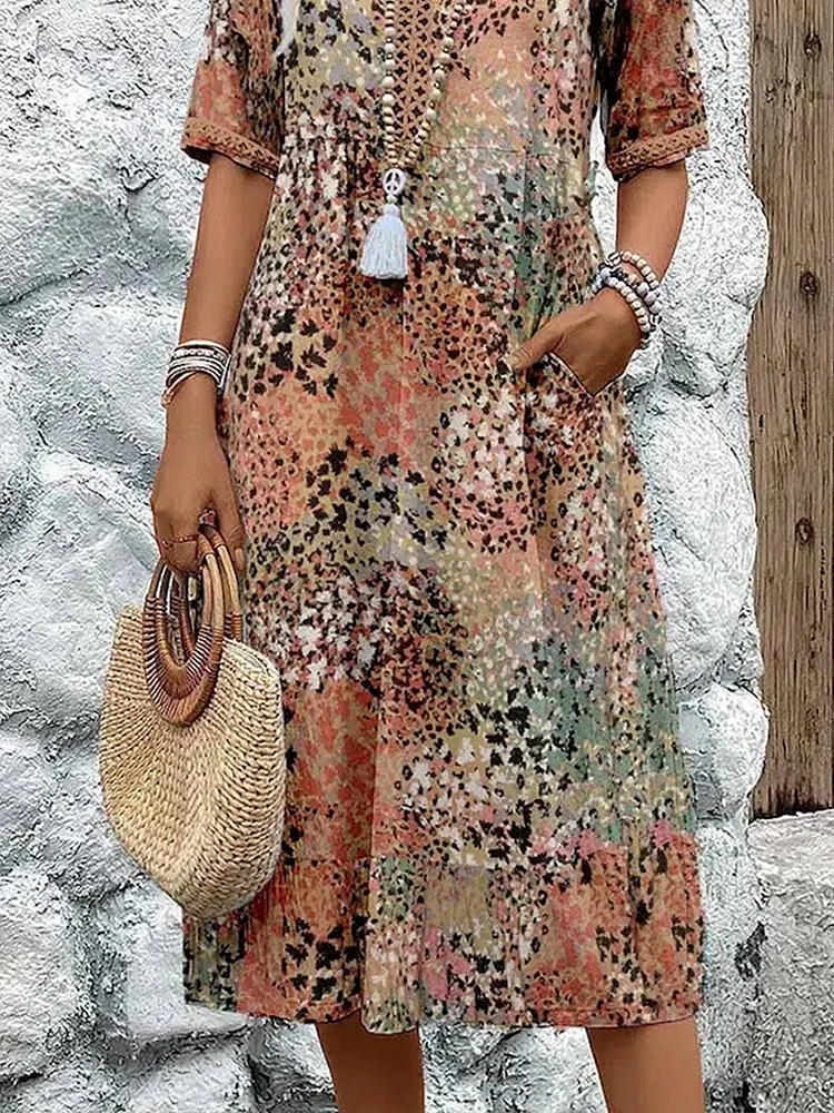 Femme Robe Midi Bohème à Col en V et Manches Courtes avec Poches