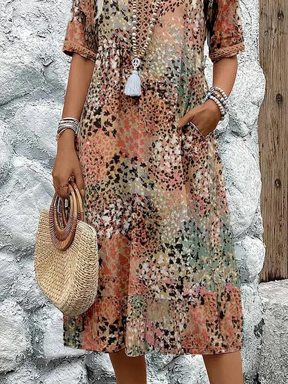 Femme Robe Midi Bohème à Col en V et Manches Courtes avec Poches